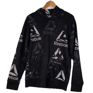 Reebok Hoodie Men's S Black Cotton Blend Graphic Pullover Logo Sweatshirt